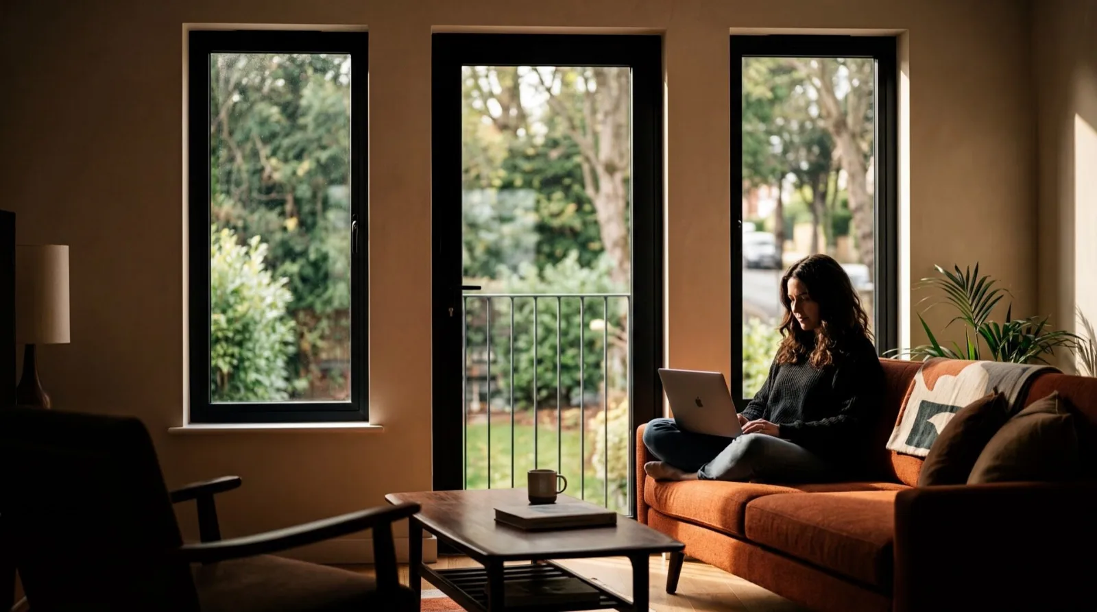 A jet black window frame against a bright interior