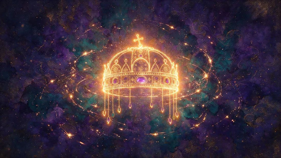 The Holy Crown drawn in lines of light against a starlit golden ground