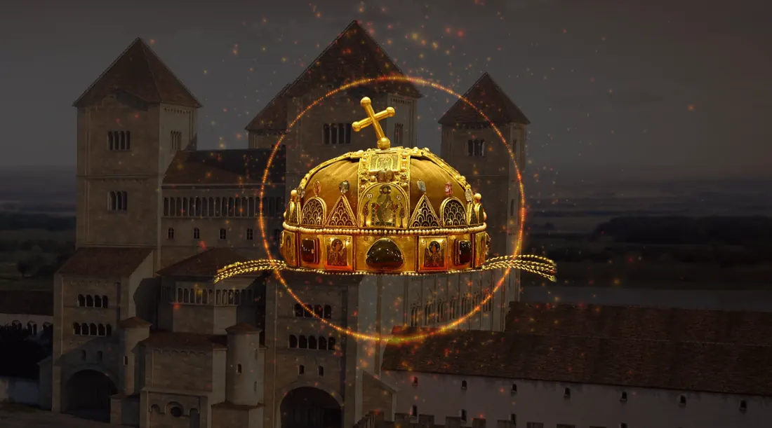 A 3D render of the Székesfehérvár basilica with a photorealistic Holy Crown above it