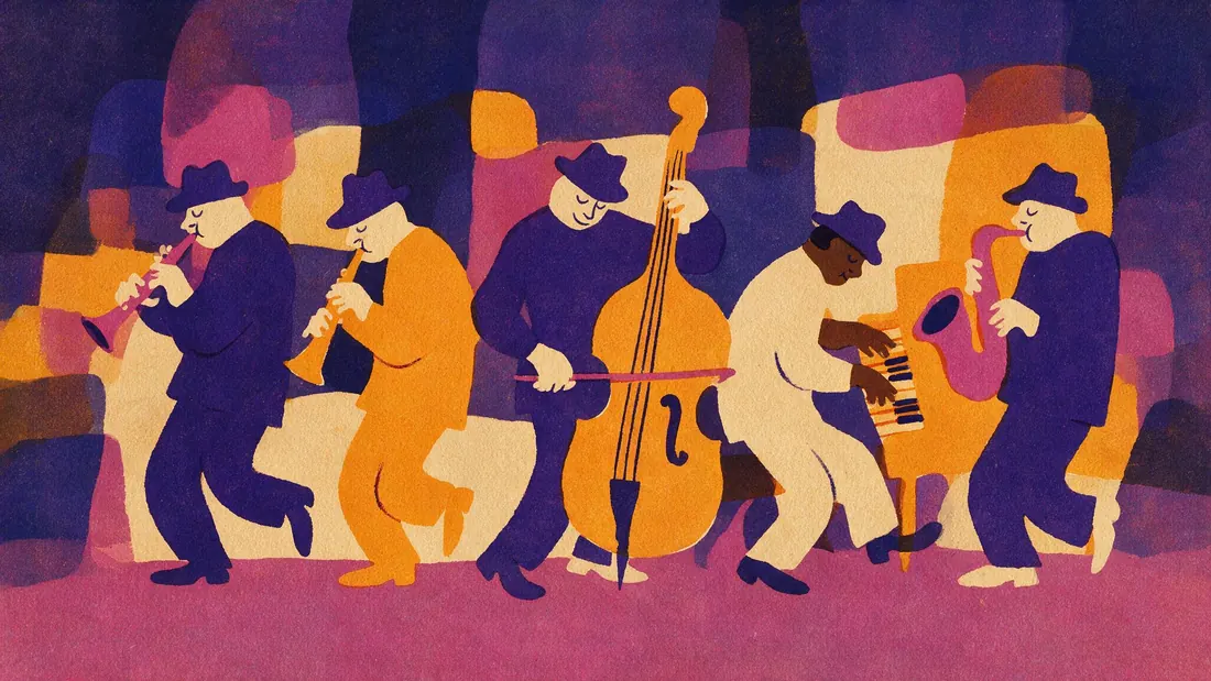 An illustrated jazz band in warm colours, inside the basilica space