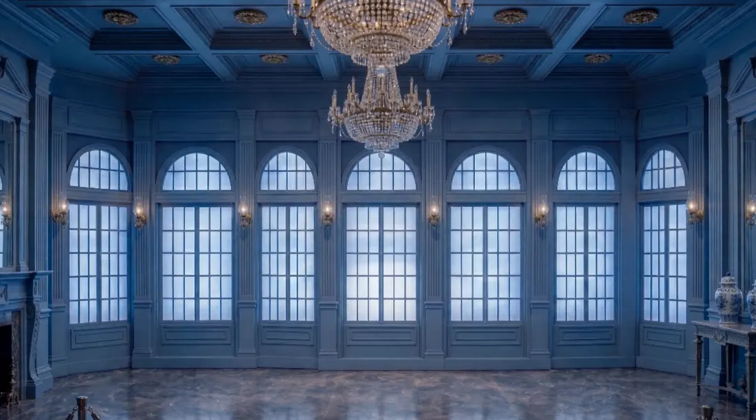 A photorealistic ballroom interior with a chandelier, from the previous supplier’s loop