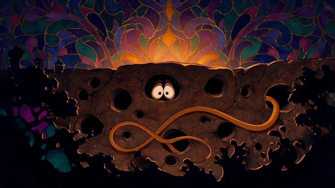 A holey wall of cheese with a mouse tail, drawn for the fairy-tale block