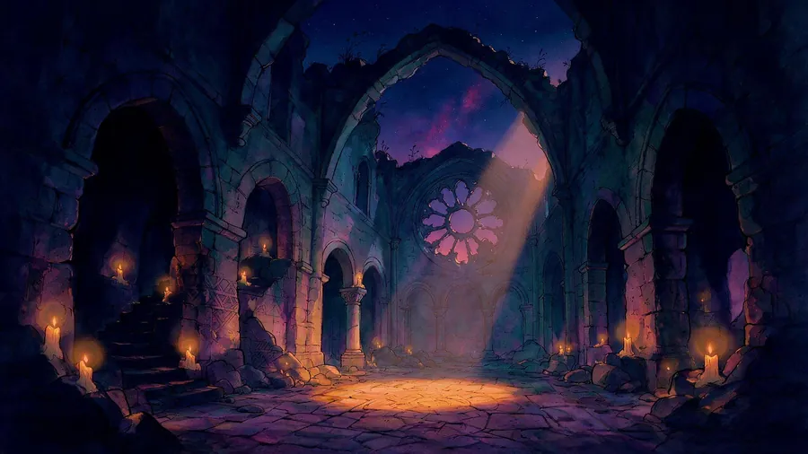 A painted basilica interior in warm candlelight, in animated-feature style