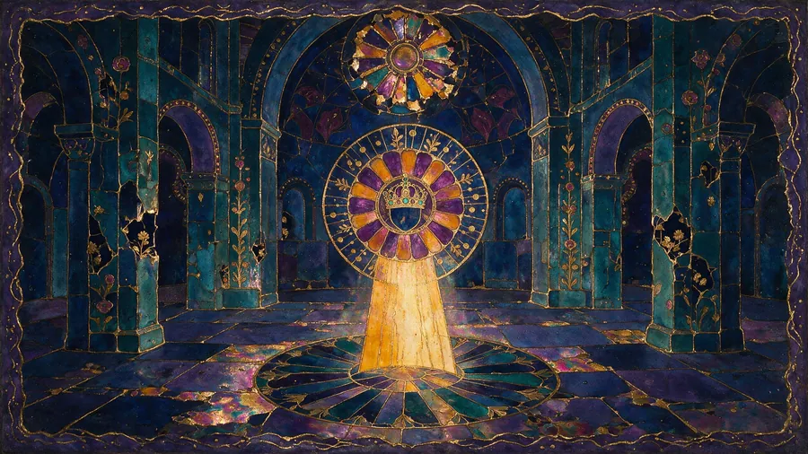 A cloisonné-enamel basilica interior in glowing blue and gold