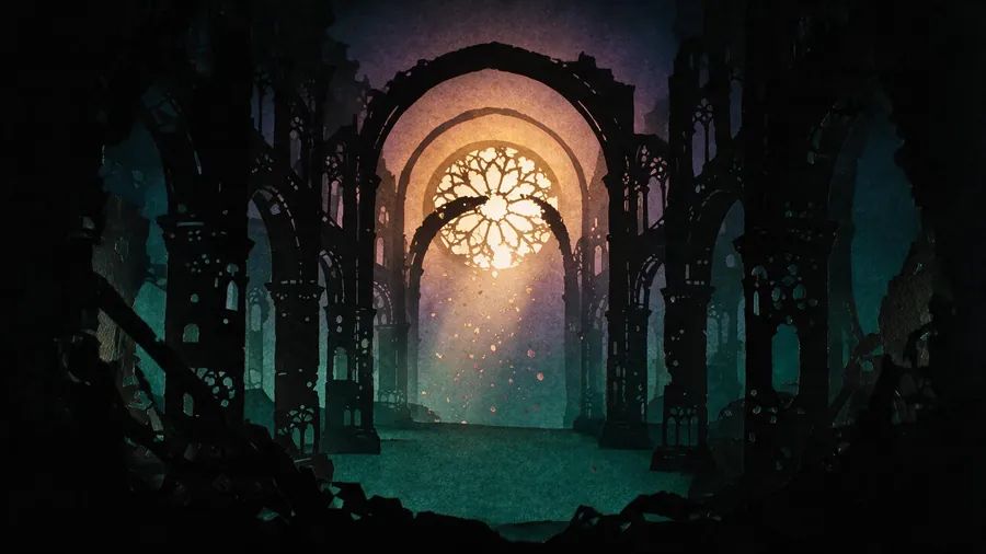 Cut-paper silhouettes lit from behind in a dark greenish space