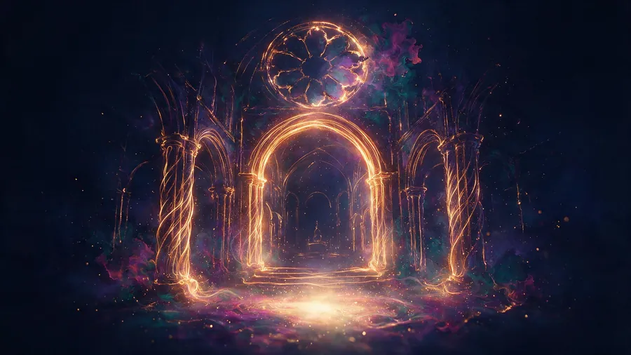 Arches drawn in lines of light against a dark, misty ground