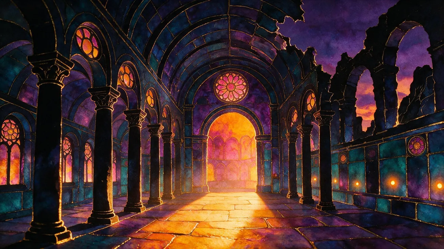 The base state: a dark basilica interior with warm light at the far end