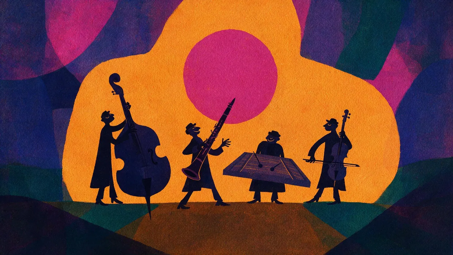 A jazz band in silhouette with a double bass and sweeping colour fields