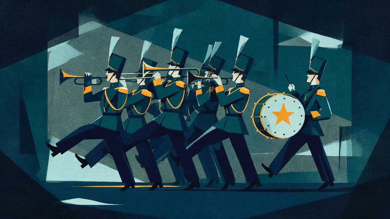 A marching military band with brass, in a cold blue space