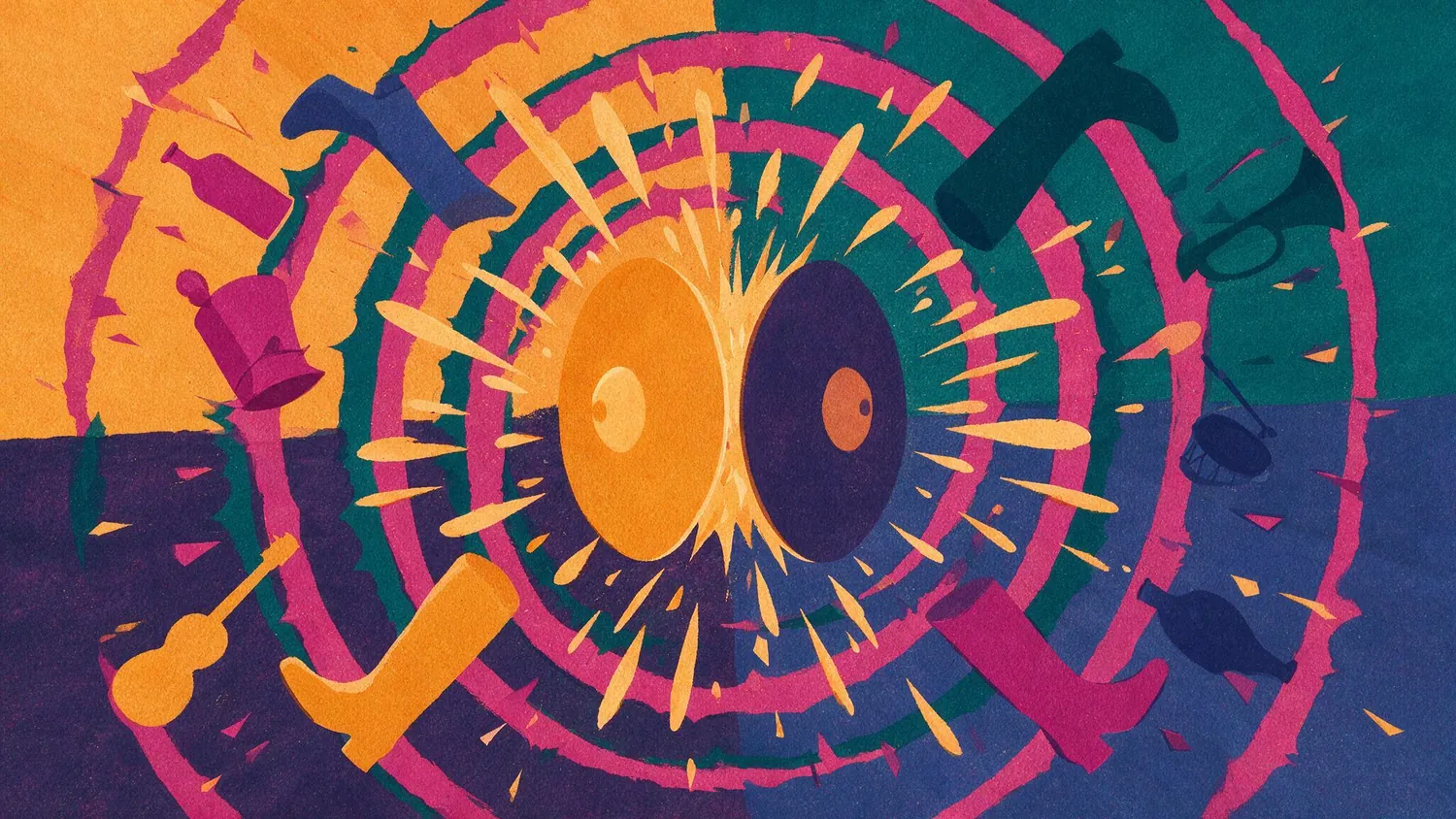 A cymbal bursting apart, colour shards flying outwards