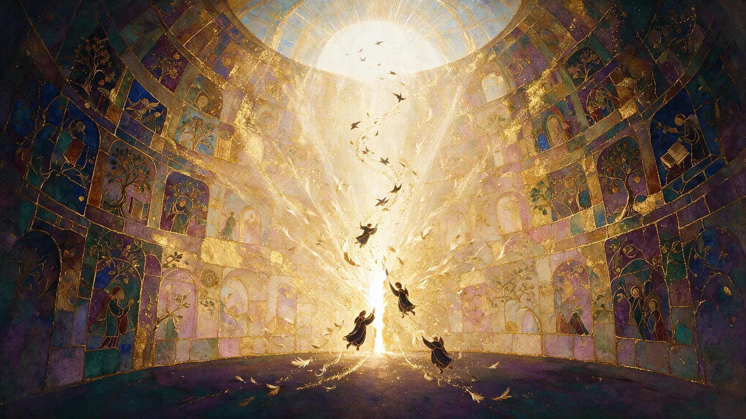 Birds rising into the light through the open roof