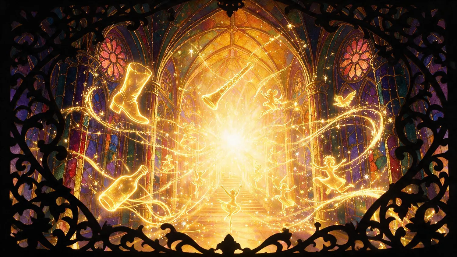 Figures drawn in light dancing in front of the rose window