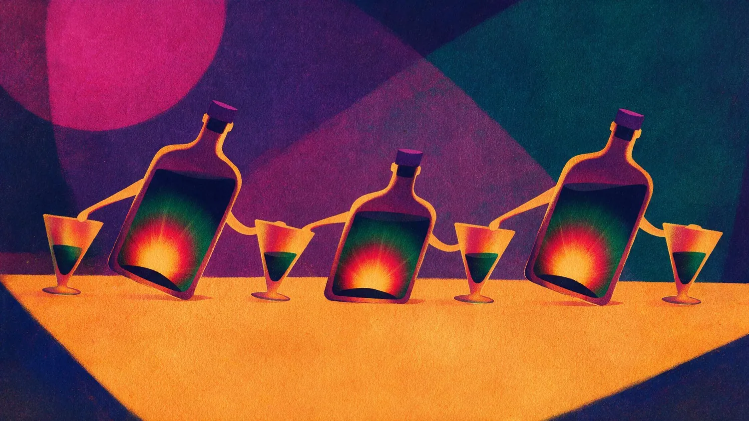 Dancing bottles and glasses in a row against strong colour fields