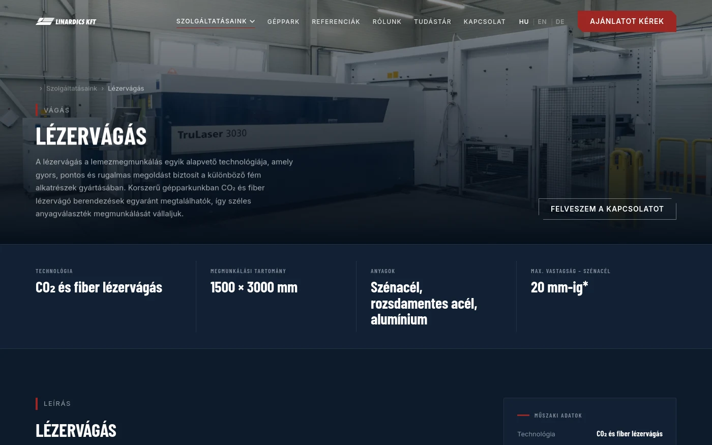 A service page: condensed uppercase heading, Inter body copy and the technical data strip