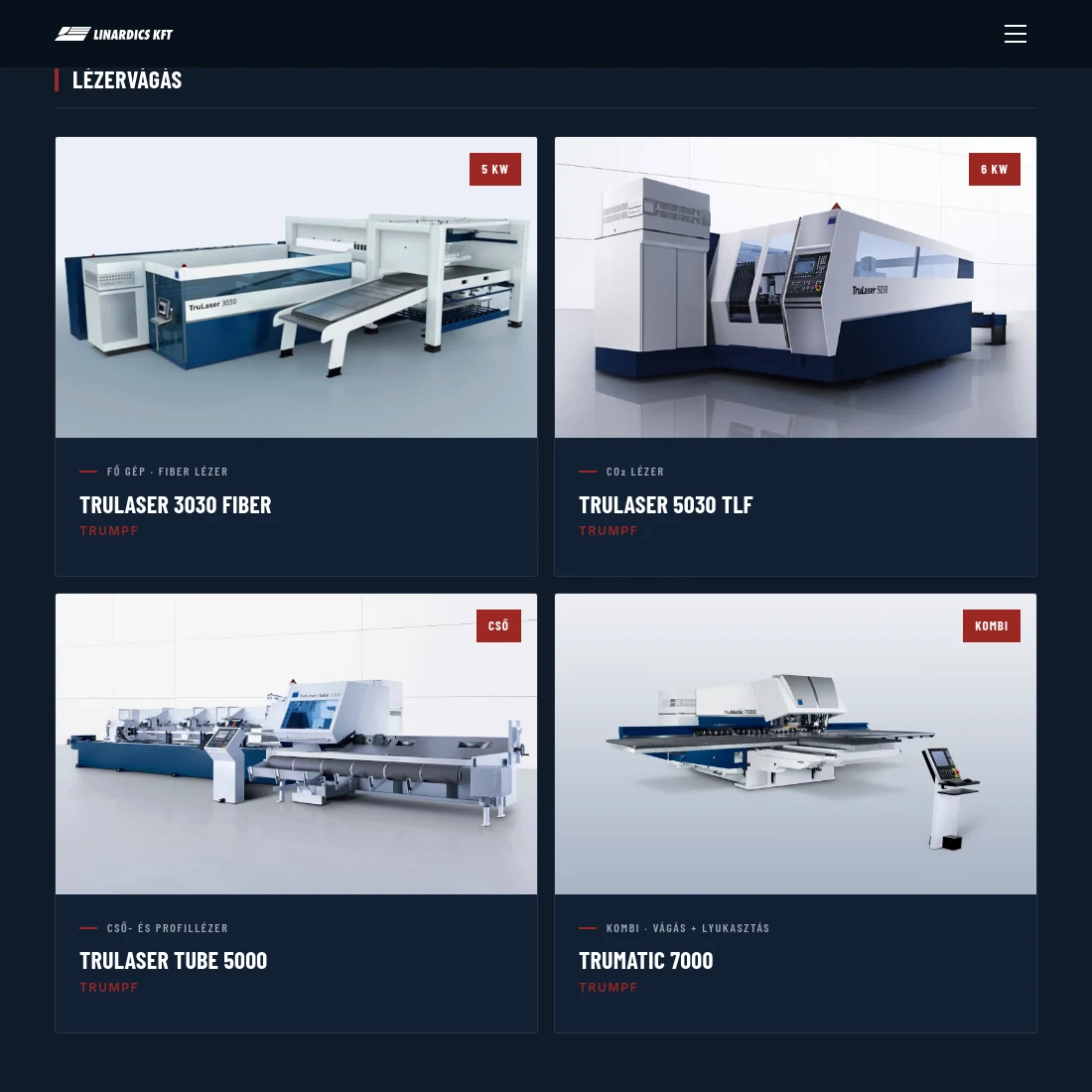 The machinery page with machine cards grouped by technology