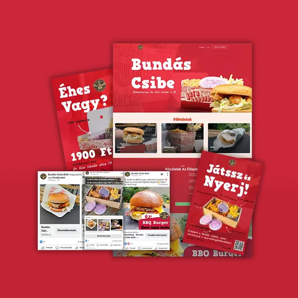 Bundás Csibe brand collateral: website, flyers and social media ads