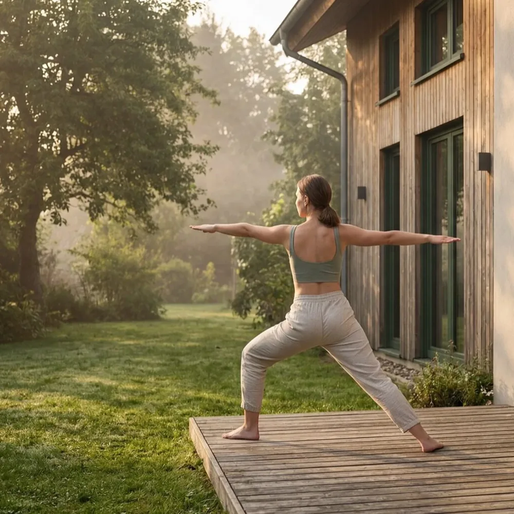 Lifestyle image from an advertising campaign: yoga on a garden deck in morning light